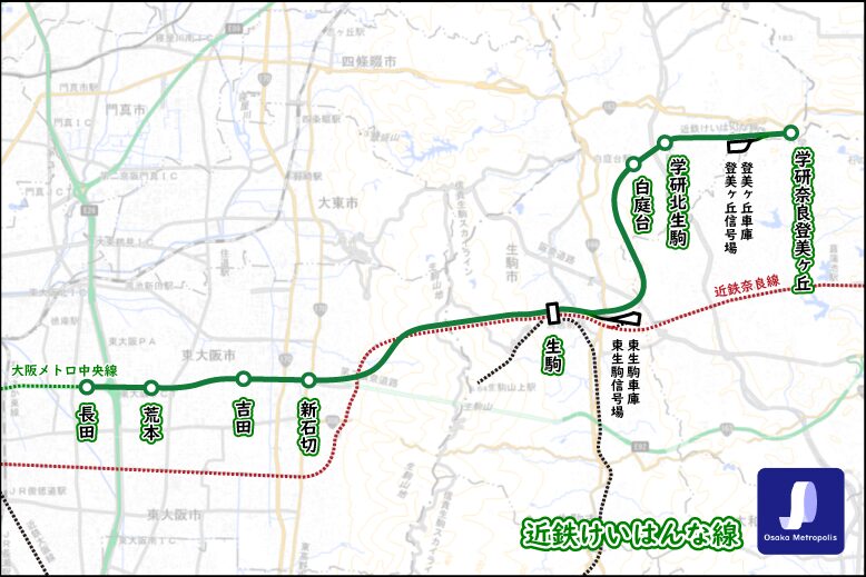 近鉄けいはんな線の路線図（地理院地図ベース、長田〜学研奈良登美ヶ丘間）：全駅位置、検車場・車庫の位置を示す。