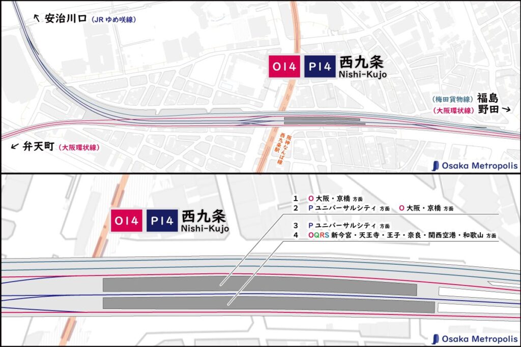 JR西日本 西九条駅の配線図（地理院地図ベース）：ホーム位置や行先案内、渡り線、安全側線の配置を示す。