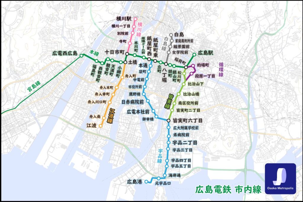 路線図,広島電鉄,広電,市内線,本線,宇品線,横川線,江波線,皆実線,白島線,駅前大橋ルート