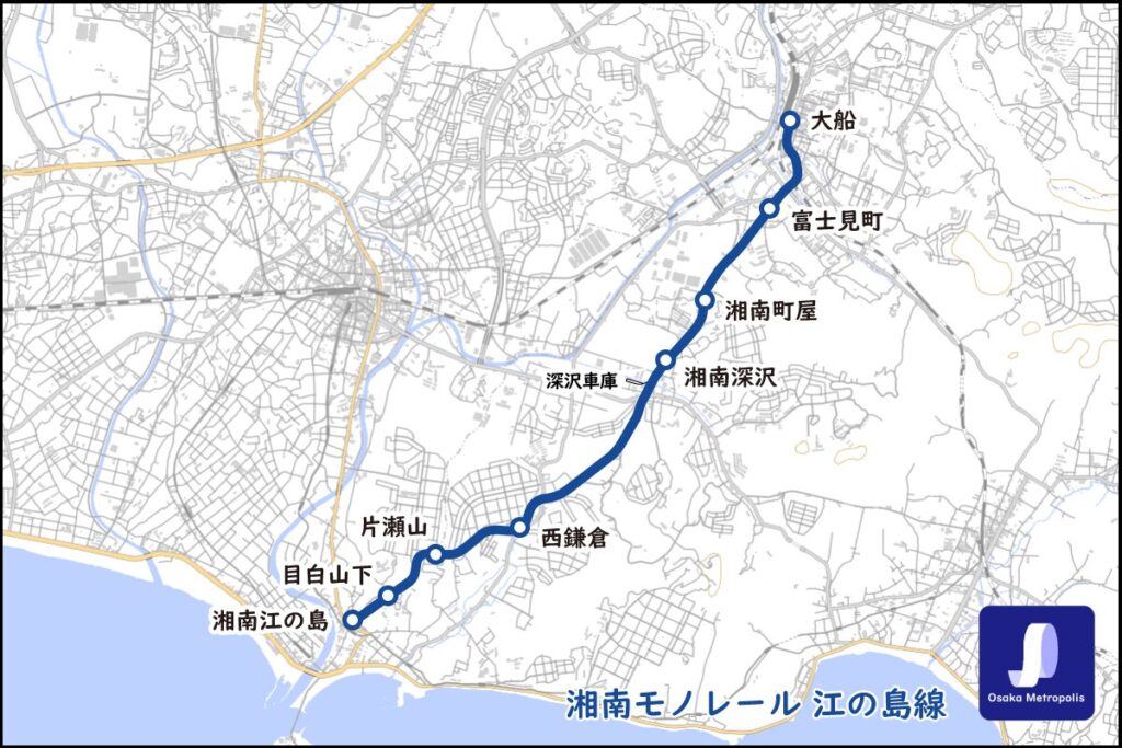 湘南モノレールの全線路線図(地理院地図ベース、大船〜湘南江の島間):全駅位置、車庫の位置を示す。
