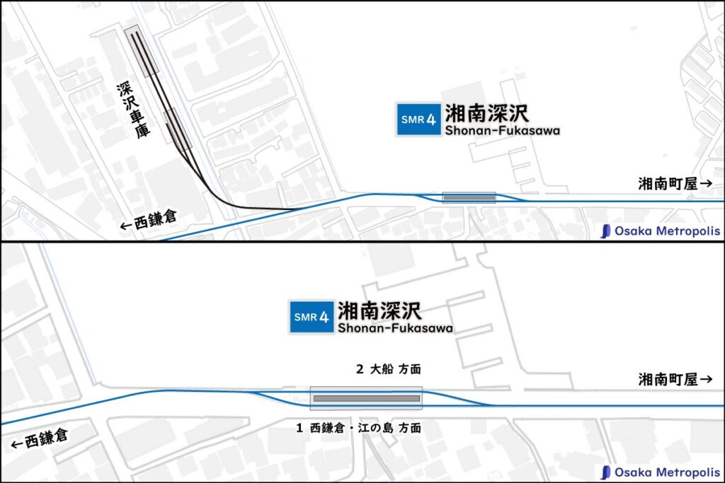 湘南モノレール 湘南深沢駅の配線図(地理院地図ベース):ホーム位置や行先案内、深沢車庫の配置を示す。