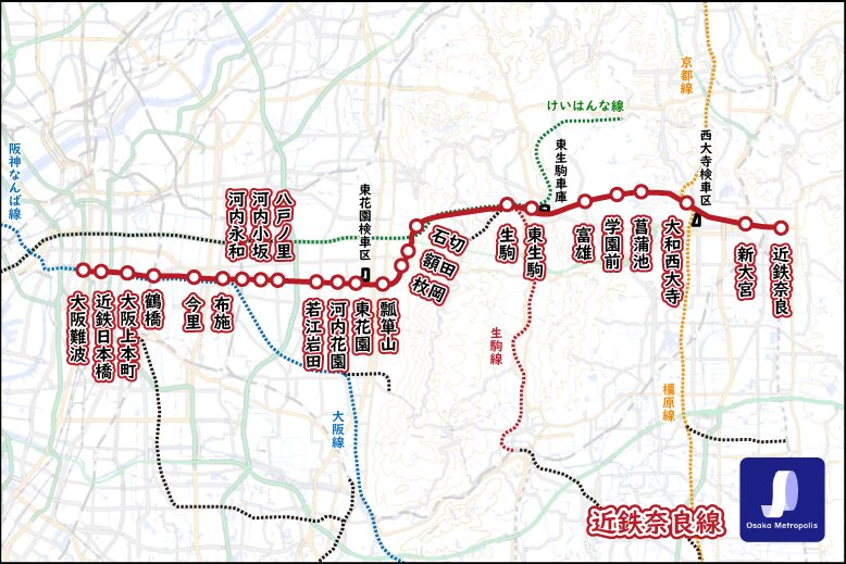 近鉄奈良線の路線図（地理院地図ベース、大阪難波〜近鉄奈良間）：全駅位置、検車場・車庫の位置を示す。