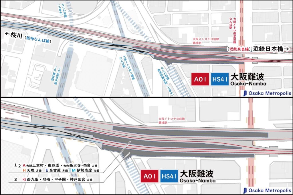 近鉄奈良線・阪神なんば線 大阪難波駅の配線図（地理院地図ベース）：ホーム位置や行先案内、引上線や留置線の配置を示す。
