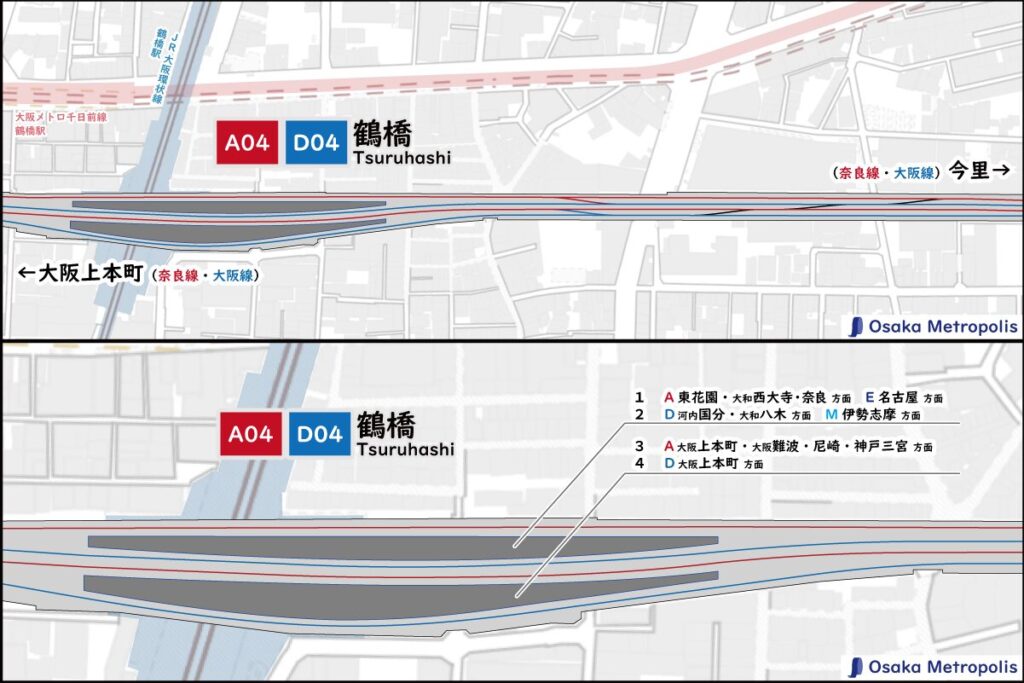 近鉄奈良線・近鉄大阪線 鶴橋駅の配線図（地理院地図ベース）：ホーム位置や行先案内、渡り線の配置を示す。