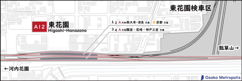 近鉄奈良線 東花園駅の配線図（地理院地図ベース）：ホーム位置や行先案内、引上線や留置線の配置を示す。