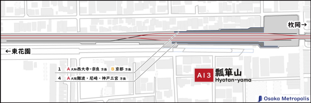 近鉄奈良線 瓢箪山駅の配線図（地理院地図ベース）：ホーム位置や行先案内、引上線や留置線の配置を示す。