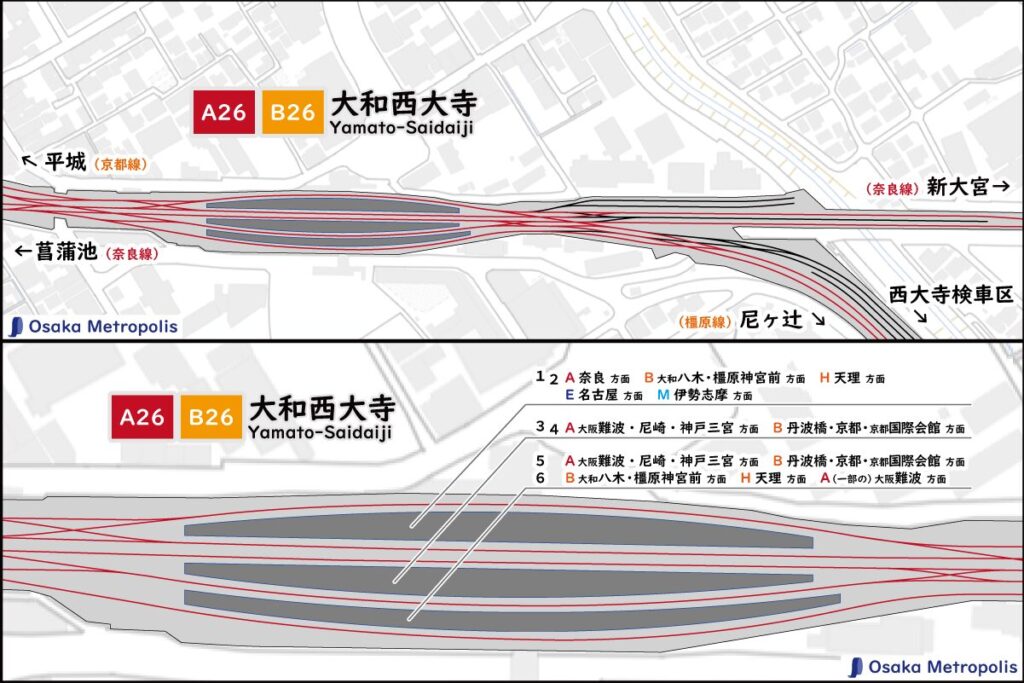 近鉄奈良線・京都線・橿原線 大和西大寺駅の配線図（地理院地図ベース）：ホーム位置や行先案内、引上線や留置線の配置を示す。