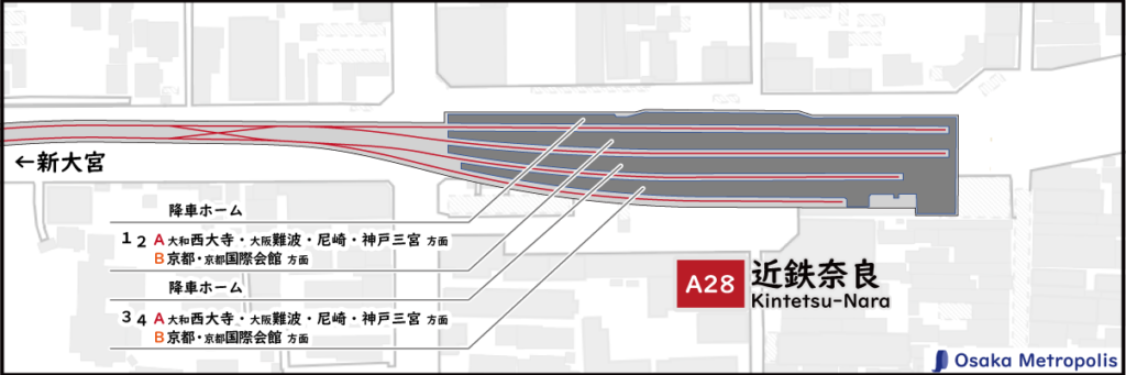 近鉄奈良線 近鉄奈良駅の配線図（地理院地図ベース）：ホーム位置や行先案内、渡り線の配置を示す。