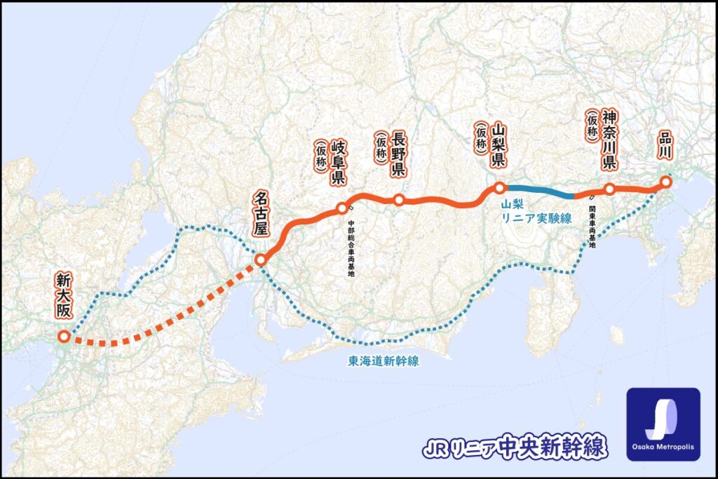 リニア中央新幹線の路線図(地理院地図ベース、品川〜名古屋~新大阪間):全駅位置、検車場・車庫の位置を示す。